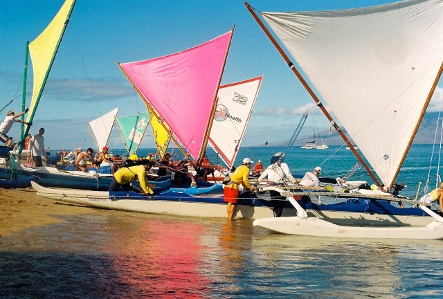 Hawaiiain Outrigger Sailing Canoe Race from Kaanapali Beach, Maui to Molokai photo: Gloria Reed