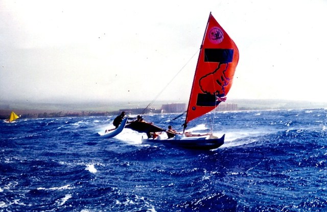 Hawaiian Outrigger Sailing Canoe Crew enjoying a sail offshore Kaanapali Beach, Maui Photo: Gloria Reed